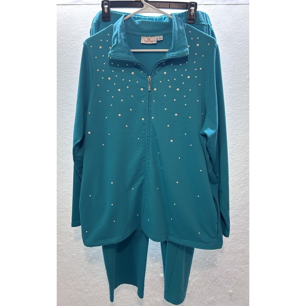 Vtg 90s Quacker Factory Tracksuit Set Womens XL Teal Blue Pearl Accents